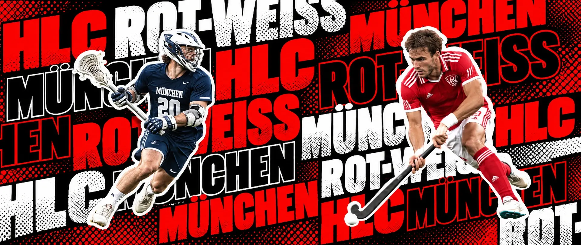 RWM Schriftzug Rot mit Hockey- und Lacrosse-Spieler